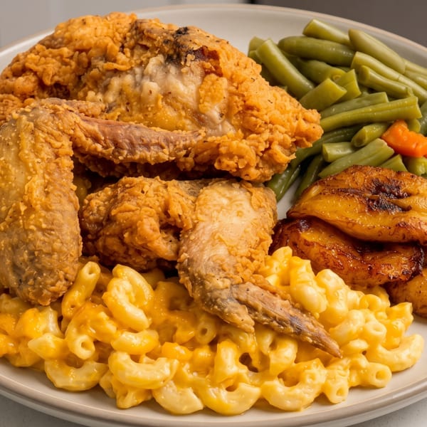 A plate of crispy fried chicken, macaroni and cheese, green beans, and fried plantains.