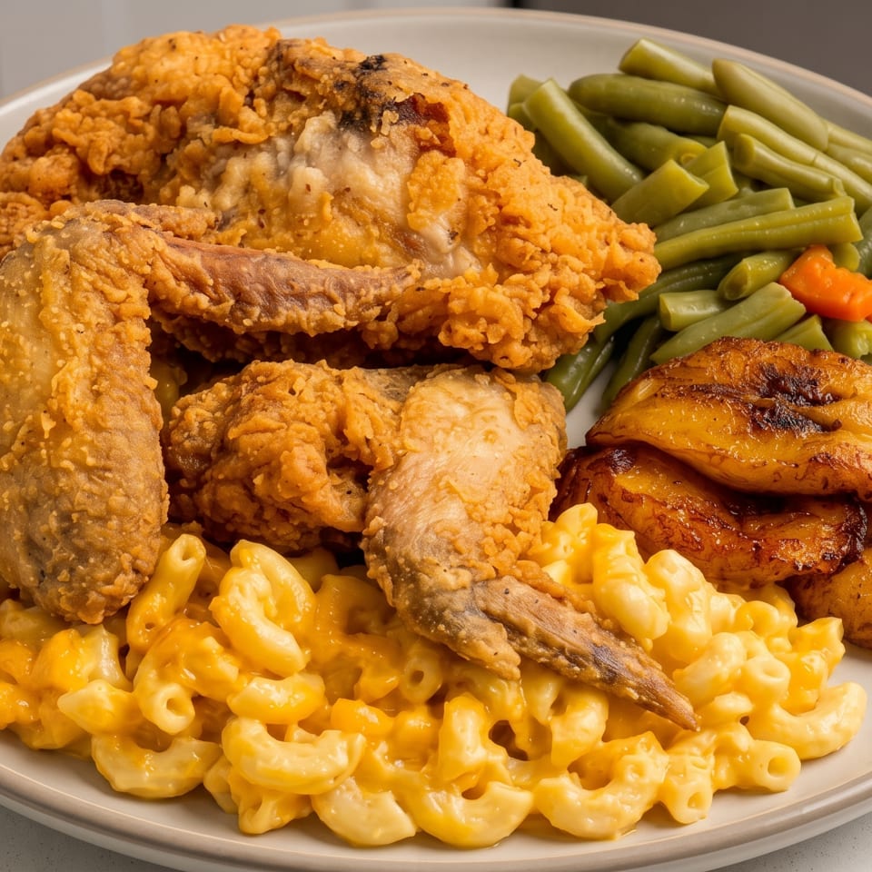 A plate of crispy fried chicken, macaroni and cheese, green beans, and fried plantains.
