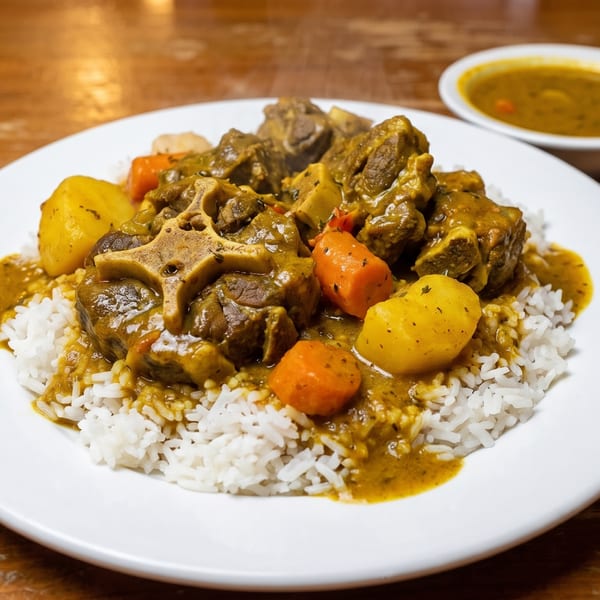 Oxtail stew with carrots and potatoes over white rice, with a side of gravy.