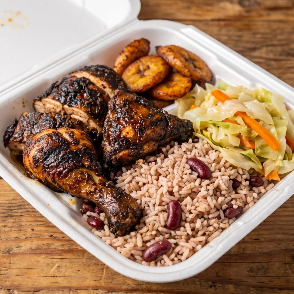 Jerk chicken with rice and peas, fried plantains, and steamed cabbage in a takeout container.