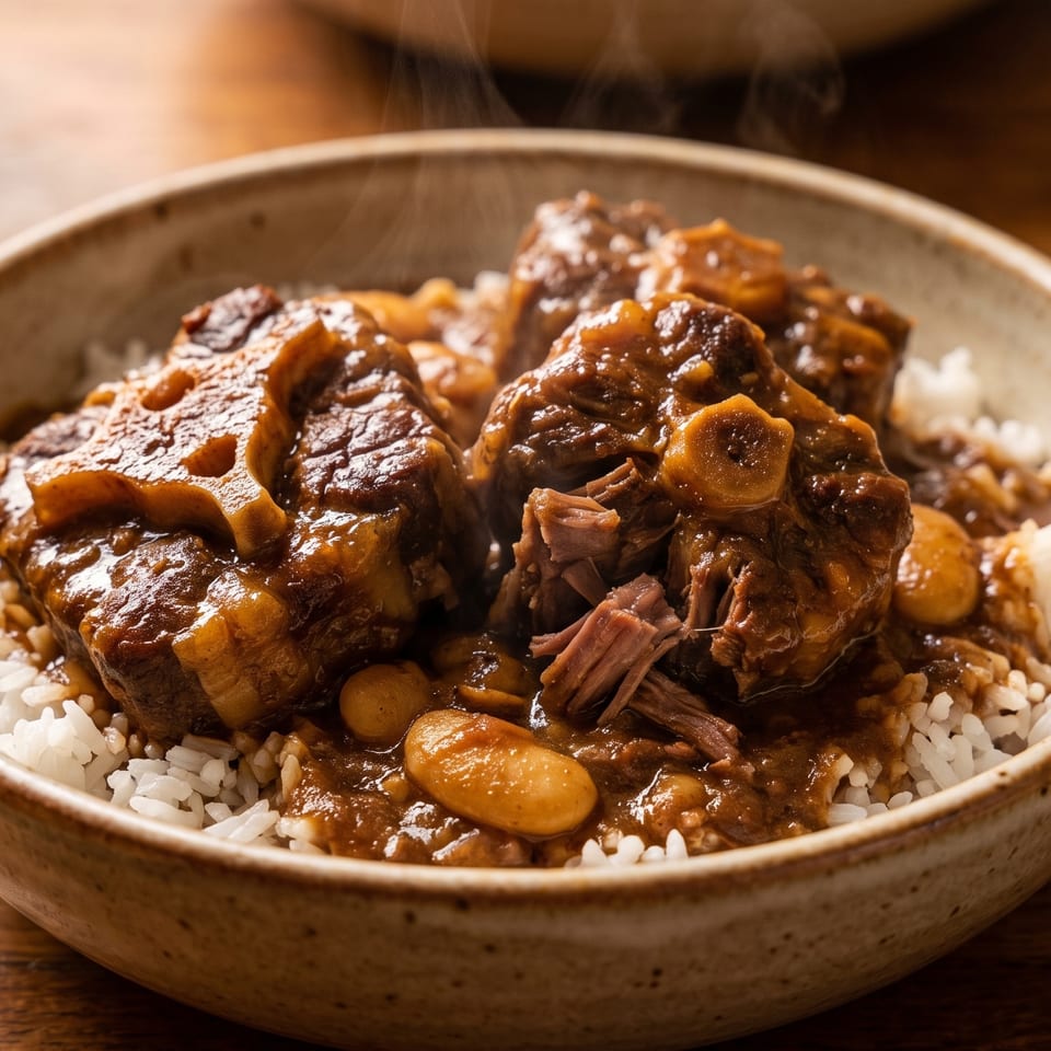 Steaming bowl of oxtail stew with butter beans and white rice on a wooden table.