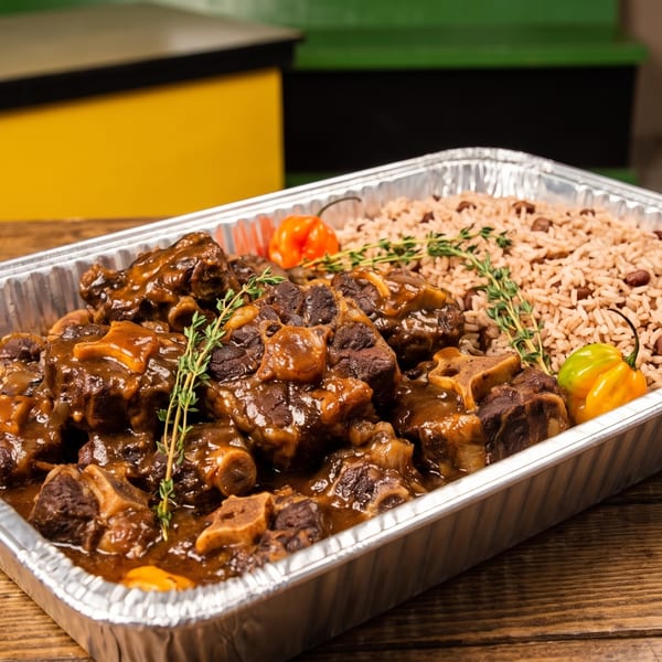 Oxtail stew with rice and peas, garnished with thyme and scotch bonnet peppers in a foil pan.