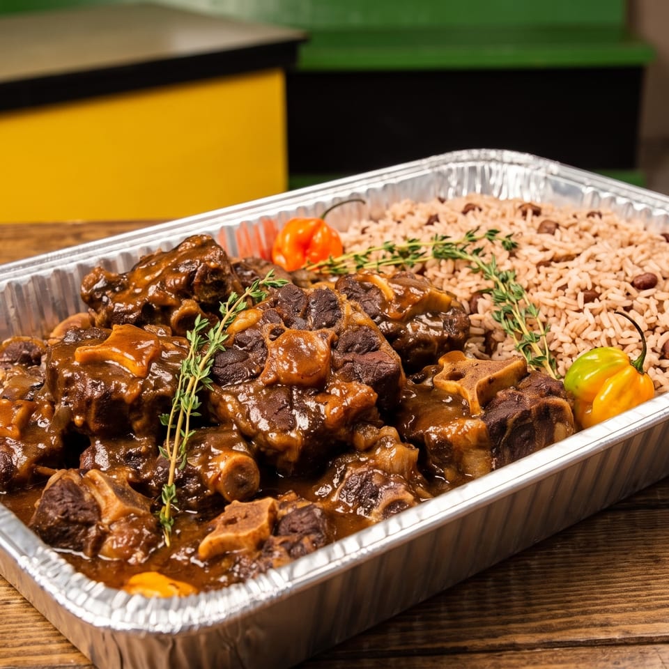Oxtail stew with rice and peas, garnished with thyme and scotch bonnet peppers in a foil pan.