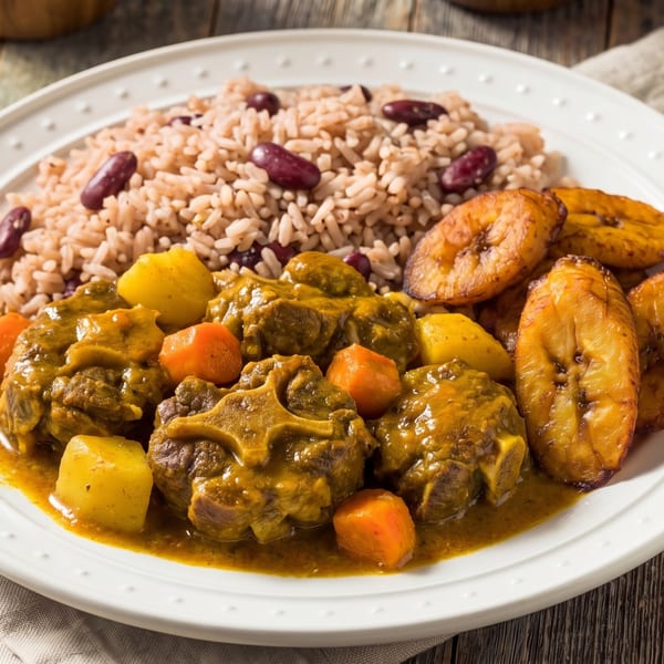 Curried oxtail with rice and peas, fried plantains, and two small bowls of sauce.