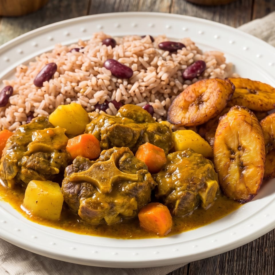 Curried oxtail with rice and peas, fried plantains, and two small bowls of sauce.
