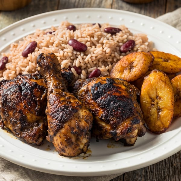 A plate of jerk chicken, rice and peas, and fried plantains on a rustic wooden table.