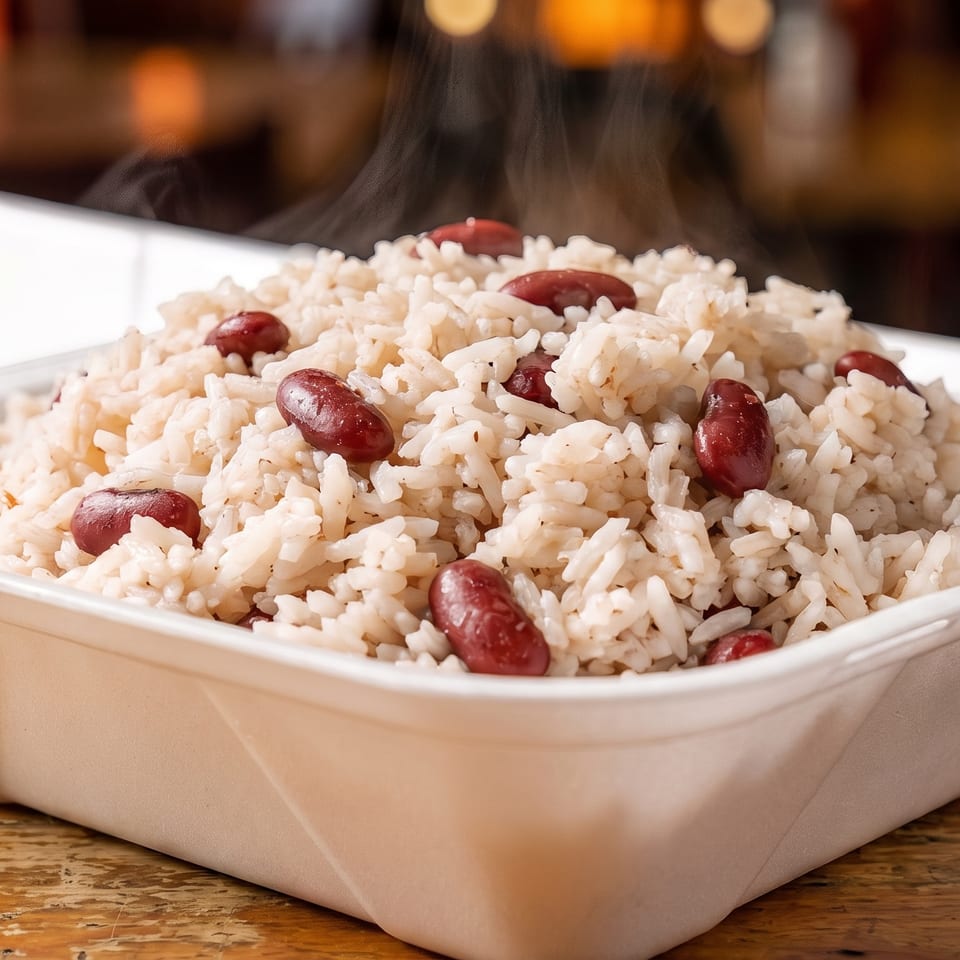 Steaming hot rice and red beans in a white takeout container on a wooden table.