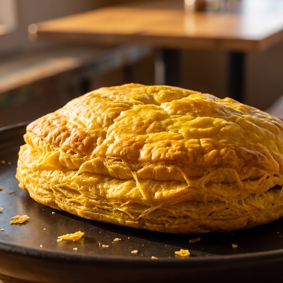 Golden brown pastry on a black plate, with a blurred restaurant interior in the background.