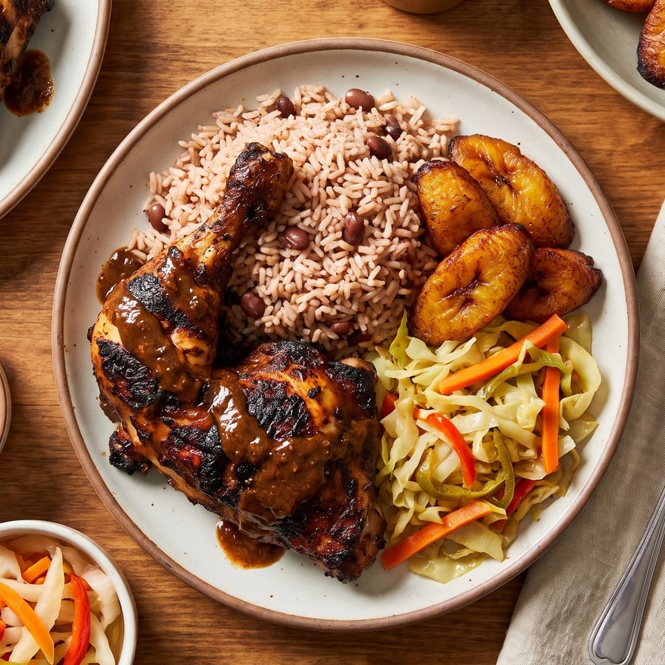 Plates of jerk chicken, rice and peas, fried plantains, and steamed cabbage on a wooden table.