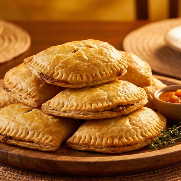 Golden-brown empanadas piled on a wooden plate with a side of dipping sauce and fresh herbs.