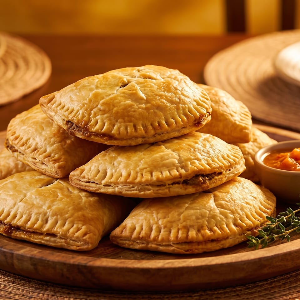 Golden-brown empanadas piled on a wooden plate with a side of dipping sauce and fresh herbs.