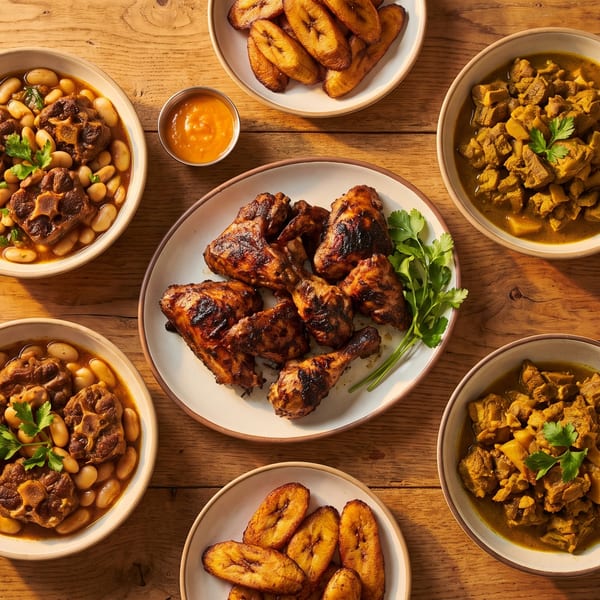 Assortment of Caribbean dishes including oxtail stew, jerk chicken, curry, rice and peas, and fried plantains.