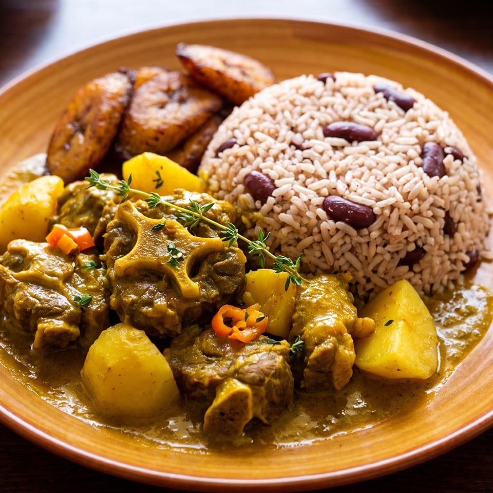 Curried oxtail with potatoes, rice and peas, and fried plantains on a rustic plate.